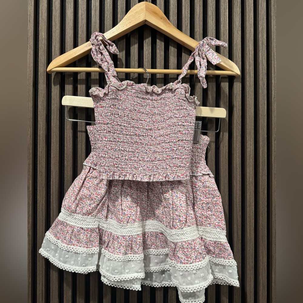 Katie J NYC Floral Smocked Top & Tiered Skirt Set - Pink Floral size large